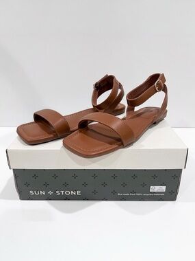 Sun + Stone Quebecc Faux Leather Ankle Strap Sandals Open Toe Brown Cognac 8 NEW